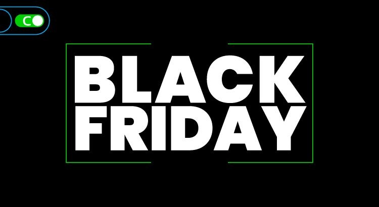 Uma imagem com fundo preto e a frase: "Black Friday" em branco no centro. Em volta da frase, há um quadrado fino na cor verde e no canto esquerdo superior o logotipo da empresa Contabilivre.